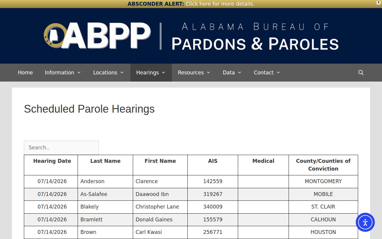 ABPP scheduled parole hearings page for Monroe County parole release checks