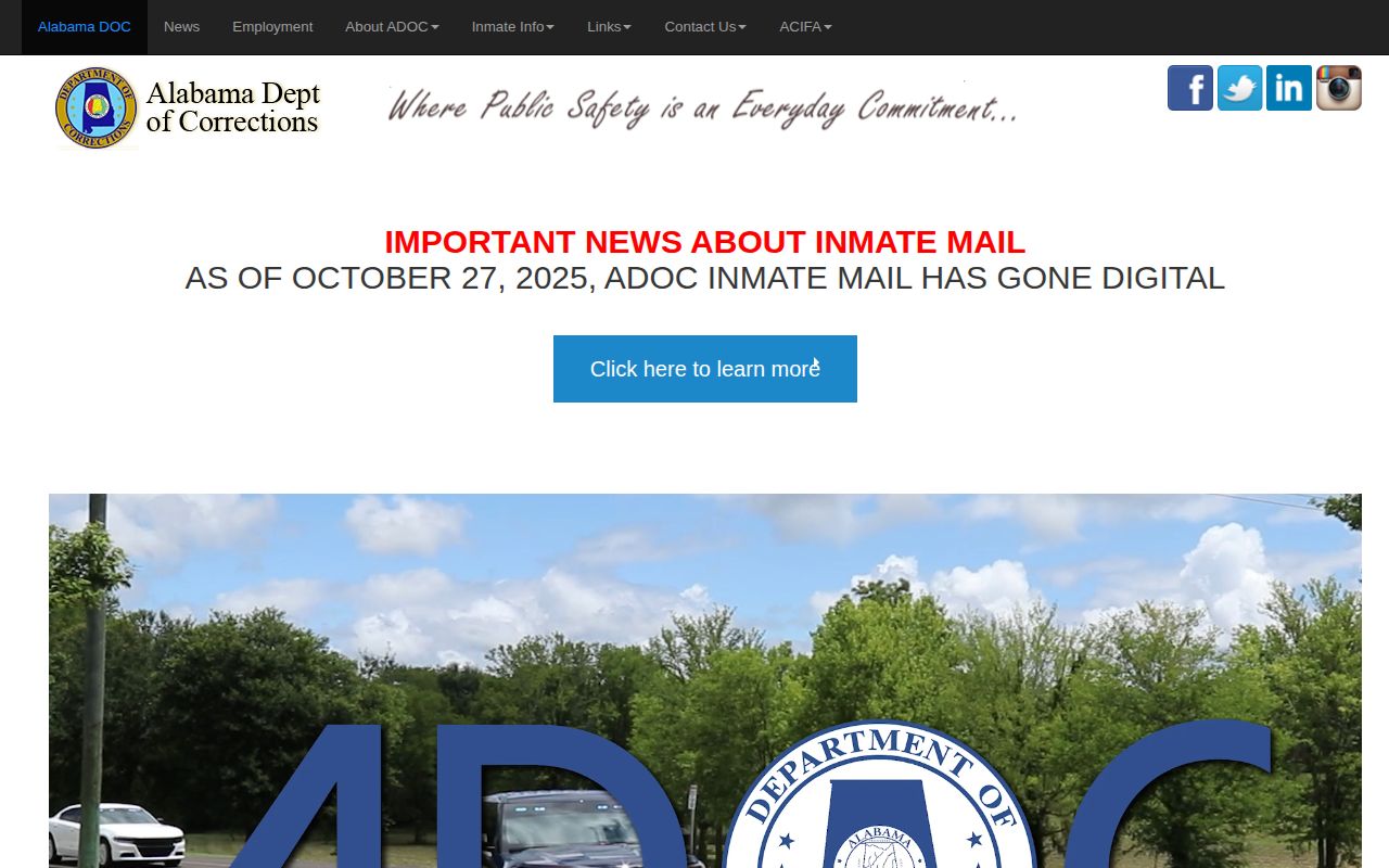 ADOC home page with inmate search links for Monroe County released inmate records